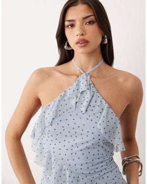 ASOS Co-ord Printed Stretch Chiffon Ruffle Top - Blue