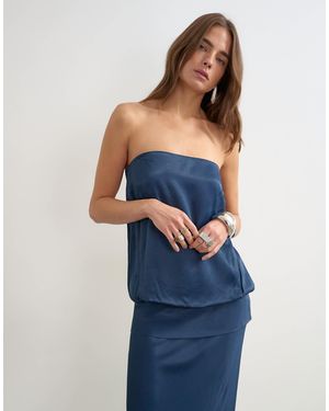 TOPSHOP Satin Dropped Waist Blouson Bandeau Maxi Dress - Blue