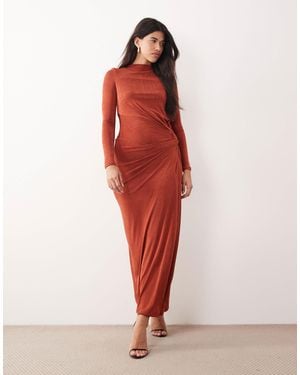 DASKA Stretch Long Sleeve High Neck Twist Maxi Dress - Red