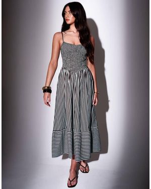 South Beach Striped Smocked Bodice Midi Dress - Blue