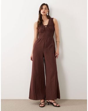 Nobody's Child Jayda Cotton V-neck Shirred Bodice Wide Leg Jumpsuit - Brown