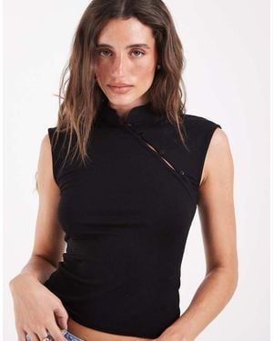 Pieces Asymmetric Button Jersey Top - Black