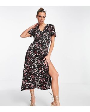 Missguided Vestito Da Giorno Midi A Maniche Corte A Fiori - Nero
