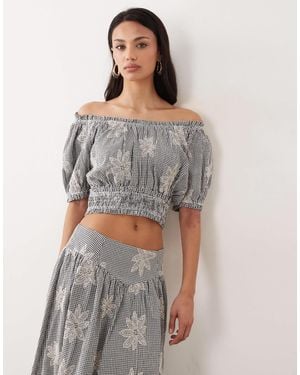 Y.A.S Floral Embroidered Milkmaid Style Crop Top Co-ord - Gray
