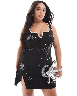 Renee Studio Plus X Michelle Nayla Exclusive Celestial Sequin And Pearl Embellished Side Slit Mini Dress - Black
