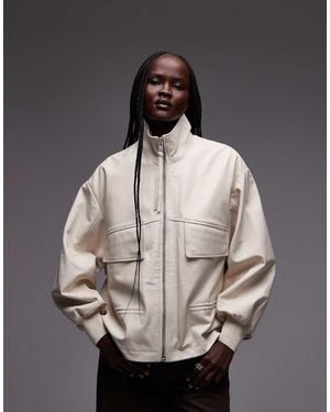AllSaints Flor Funnel Neck Leather Bomber Jacket - Grey