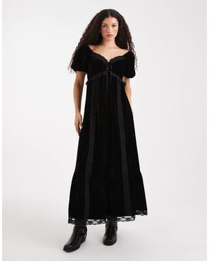Miss Selfridge Vestido Largo Con Mangas Abullonadas De Terciopelo Y Encaje De - Negro
