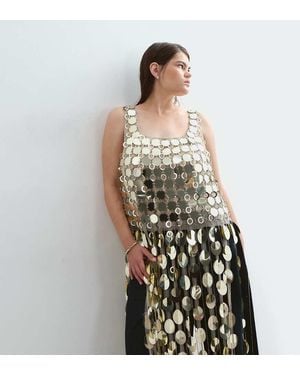 ARRANGE Curve Futurist Sequin Crop Top With Long 3D Fringe Hem - Metallic