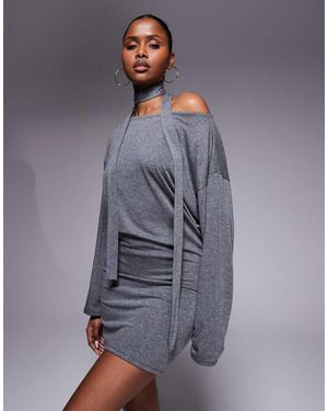 ASOS Long Sleeve Mini Dress With Skinny Scarf - Grey