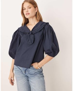 Glamorous Sailor Collar Puff Sleeve Blouse - Blue
