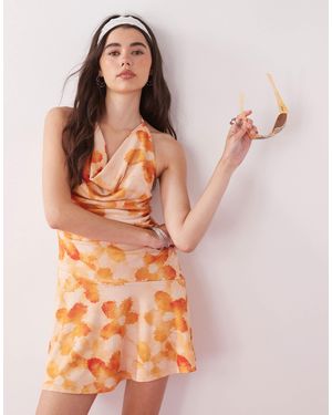 Reclaimed (vintage) Robe courte courte dos nu imprimé tropical - Rose