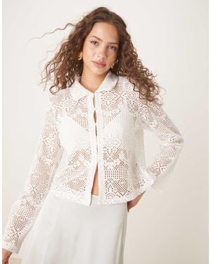 Vila Crochet Polo Neck Button Front Top - Natural