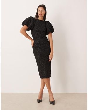 Gina Tricot Puff Sleeve Jacquard Print Midi Dress - Black