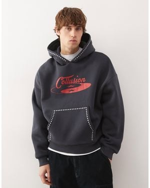 Collusion Boxy Hoodie With Red Print & Studs - Gray