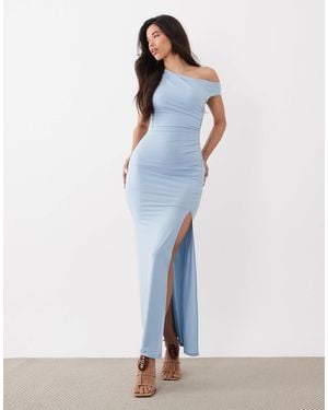 TFNC London Slinky Fallen Shoulder Thigh Split Midaxi Dress - Blue