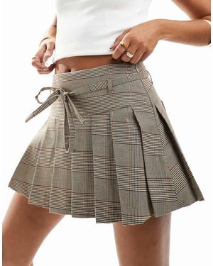 Stradivarius Pleated Mini Skort With Tie Detail - Brown