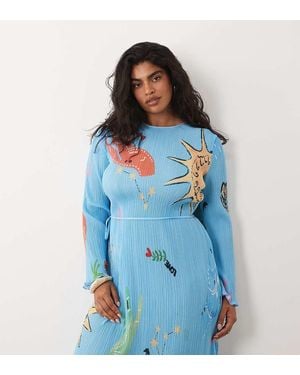 Never Fully Dressed Gaia Plisse Long Sleeve Midi Dress - Blue