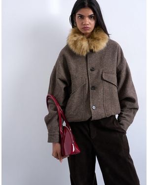 TOPSHOP Twill Bomber With Faux Fur Collar With Wool - Brown