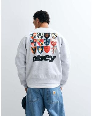 Obey Felpa Girocollo Pesante Grigia Con Grafica Sul Retro A Scudo - Bianco