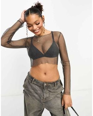 Pull&Bear Open Knit Mesh Long Sleeved Top With Diamante Detail - Grey