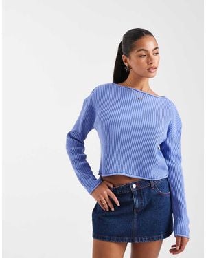 ASOS Crew Neck Boxy Ribbed Jumper With Rolled Edge - Blue