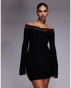 Fashionkilla Exclusive Slinky Lace Trim Bardot Flare Sleeve Mini Dress - Black