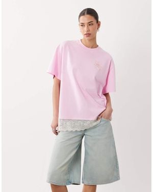 Miss Selfridge Oversized Graphic T-shirt With Lace Trim Hem - Pink