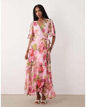 Hope & Ivy Flutter Sleeve Maxi Wrap Dress - Pink
