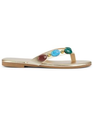 SEQWL Flat Thong Slide Sandals With Stone Embellishments - Metallic