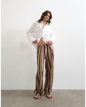 TOPSHOP Stripe Crinkle Tie Waist Wide Leg Trouser - White