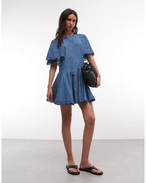 AllSaints Corla Short Sleeve Lace Ruffle High Neck Mini Dress - Blue