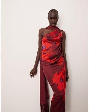 ARRANGE Scarf Neck Draped Midi Dress With Low Back - Red