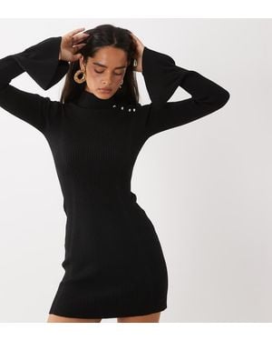 The Frolic Exclusive High Neck Fluted Sleeve Embellished Detail Knitted Mini Dress - Black