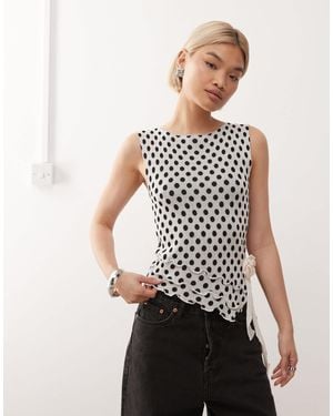 Collusion Knit Polka Dot Slash Neck Ruffle Top - White