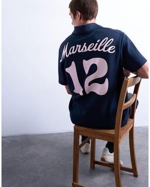TOPMAN Oversized Fit Sports Polo Shirt With Marseille Back Embroidery - Blue