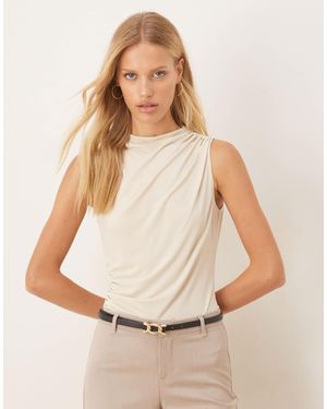 ASOS Slinky High Neck Ruched Top - Natural