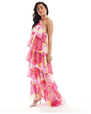 Vero Moda Felicia Halter Neck Tiered Maxi Dress With Corsage Detail in Pink  | Lyst
