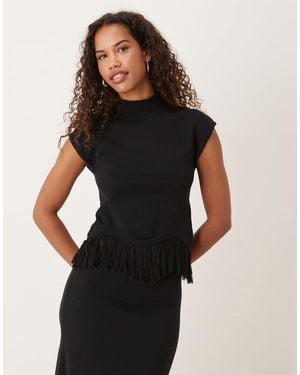 Pretty Lavish Knitted Fringe Hem High Neck Cap Sleeve Top Co-Ord - Black