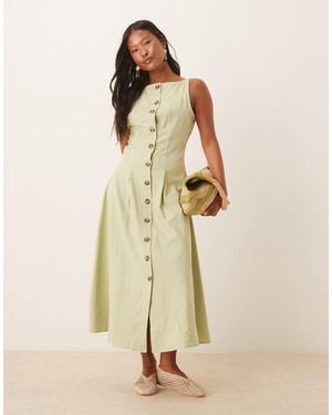 ASOS Asos Design Petite Slash Neck Button Down Waistcoat Midi Dress Sage - Natural