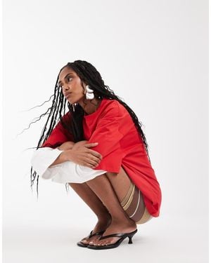 Lioness 2-In-1 Oversized T-Shirt-Overlay En Gestreept Overhemd Met Lange Mouwen - Rood