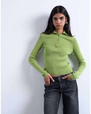 TOPSHOP Knitted Rib Collar Polo - Green