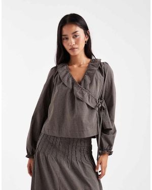 Daisy Street Asymmetric Tie Wrap Blouse - Grey