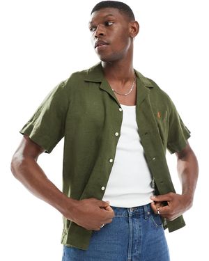 Polo Ralph Lauren Icon Logo Short Sleeve Revere Collar Linen Shirt Classic Oversized Fit - Green