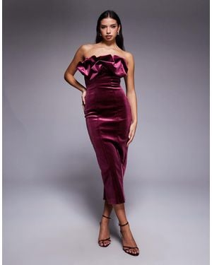ASOS Bonded Velvet Bandeau Structu Midi Dress With Ruffle Bodice Detail - Red