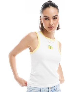 Pieces Racer Neck Vest Top With Embroiderd Lemon Graphic - White