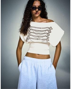 Bershka Asymmetric Print Short Sleeve T-shirt - White