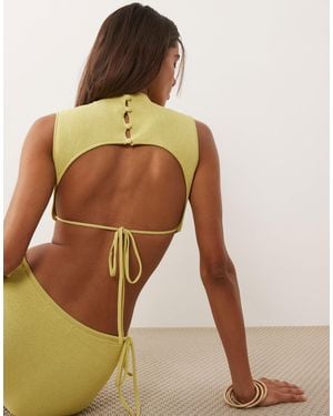 Wanderdoll Exclusive Sienna Fine Knit High Neck Open Button Back Detail Crop Top - Green