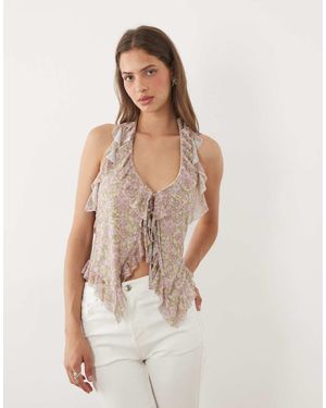 Miss Selfridge Tie Front Ruffle Halter Neck Top - Natural