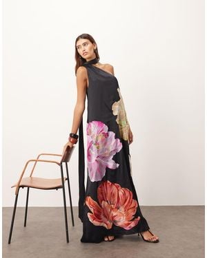 ARRANGE Supersize Floral Embroidered Scarf Neck One Shoulder Maxi Dress - White