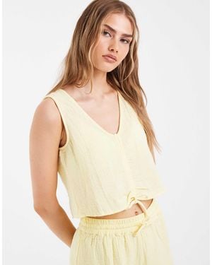 Pieces Crinkled Cotton Sleeveless Tie Front Top - Natural